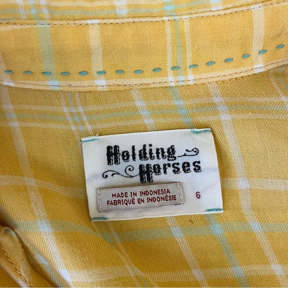 Anthropologie Holding Horses Yellow Checkered V Neck Top - Picture 6 of 7